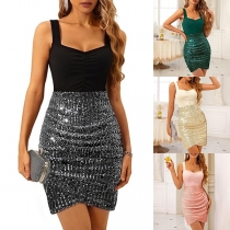 Fashion V-neck High-rise Sequin Spliced Irregular Hemline Bodycon Party Dress