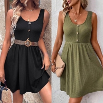 Fashion Crew Neck Sleeveless Front Button Mini Dress