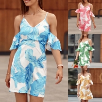 Fashion Leaf Printed V-neck Open-shoulder Mini Dress