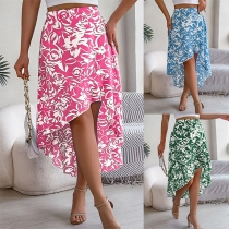 Fashion Floral Printed High-rise Irregular Hemline Skirt