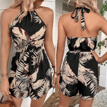 Fashion Floral Printed Halterneck Backless Romper