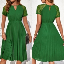 Fashion Crew Neck Front Cutout Lace Spliced Short Sleeve Pleated Dress