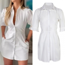 Fashion Stand Collar Short Sleeve Front Button Side Pockets Shirt Dress