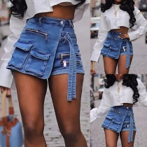 Street Fashion Patch Pockets Buckle Zipper Irregular Hemline Old-washed Denim Shorts