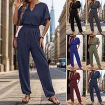 Fashion V-neck Short Sleeve Elastic Waist Jumpsuit
