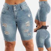 Fashion High-rise Distressed Old-washed Denim Shorts