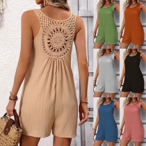 Casual Solid Color Square Neck Sleeveless Back Lace Spliced Cotton and Linen Romper