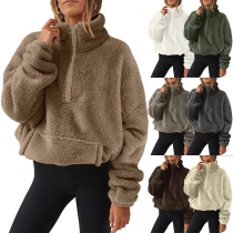 Fashion Half-zipper Stand Collar Long Sleeve Kangaroo Pockets Plush Sweatshirt
