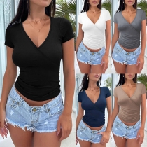 Fashion Solid Color V-neck Short Sleeve Ruched Crop Top