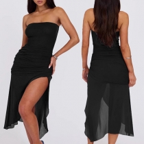 Sexy Strapless Side Slit Ruched Gauze Dress