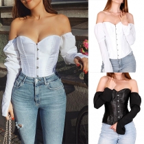 Sexy Strapless Long Sleeve Front Buckle Back Lace-up Shirt