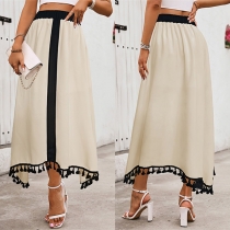 Fashion Contrast Color High-rise Tassel Hemline Maxi Skirt