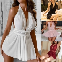 Fashion Halterneck V-neck Lace Spliced Backless Nightwear
