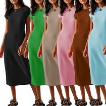 Fashion Solid Color Round Neck Short Sleeve Midi Dress