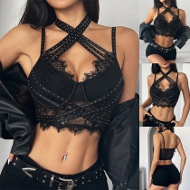 Sexy Rhinestone Strappy Criss-cross Halter Neck Lace Spliced Brassie