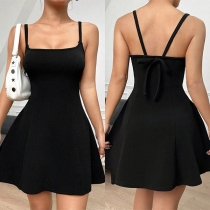 Elegant Square Neck Backless A-line Black Dress
