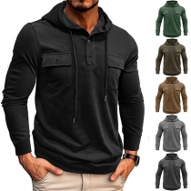 Fashion Solid Color Long Sleeve Chest Pockets Drawstring Hooded Sweatshirt for Men
