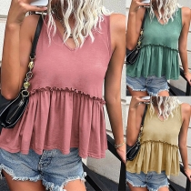 Fashion Solid Color V-neck Sleeveless Ruffle Hemline Shirt