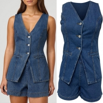 Fashion Denim Two-piece Set Consist of Sleeveless Vest and Shorts