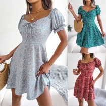 Fresh Style Floral Printed Self-tie V-neck Short Sleeve Mini Dress