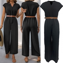 Fashion Solid Color V-neck Cap Sleeve Straight-cut Jumpsuit with Belt
