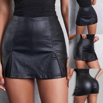 Fashion Solid Color High-rise Slit Artificial Leather PU Skorts
