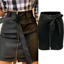 Fashion High-rise Front Zipper Self-tie Artificial Leather PU Skirt