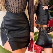 Fashion High-rise Slant Zipper Irregular Hemline Artificial Leather PU Skirt