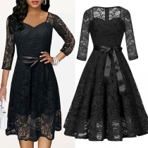 Elegant V-neck Elbow Sleeve High-rise Jacquard Lace Dress