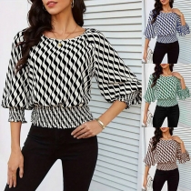 Fashion Wave Printed Crew Neck Elbow Sleeve Smocked Hemline Shirt