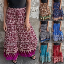 Bohemian Style Floral Printed Tassel Hemline Maxi Skirt