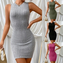 Elegant Solid Color Crew Neck Sleeveless Ribbed Bodycon Dress