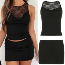 Sexy Two-piece Set Consist of Lace Spliced Sleeveless Shirt and Mini Skirt