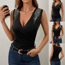 Fashion Rhinestone V-neck Sleeveless Shirt