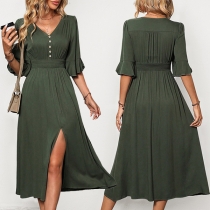 Fashion V-neck Ruffle Short Sleeve Button Elastic High-rise Side Slit Midi Dress