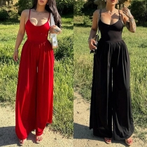 Casual Crew Neck Sleeveless High-rise Wide-leg Cami Jumpsuit