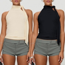 Elegant Self-tie Crew Neck Sleevelss Crop Top