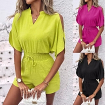 Fashion V-neck Open-shoulder Short Sleeve Drawstring Elastic Waist Romper
