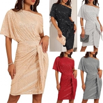 Bling-bling Sequined Slant Shoulder Short Sleeve Self-tie Party Dress