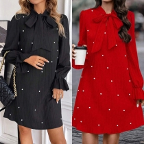 Fashion Self-tie Crew Neck Long Sleeve Beaded Mini Dress