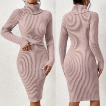 Elegant Turtleneck Long Sleeve Cross Knitted Sweater Dress