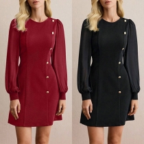 Elegant Crew Neck Long Sleeve Side Button Mini Dress