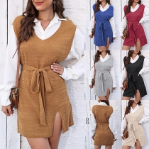 Fashion V-neck Sleeveless Side Slit Self-tie Knitted Vest Dress