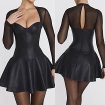 Sexy Sweetheart Neckline Ruffle Hemline Gauze Spliced Artificial Leather PU Mini Dress