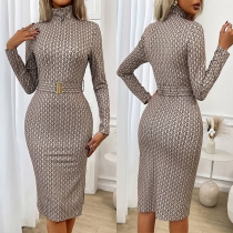 Fashion Floral Printed Turtleneck Long Sleeve Bodycon Dress with Belt