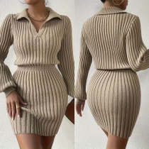 Fashion Stand Collar V-neck Long Sleeve Cinch Waist Ribbed Sweater Dress