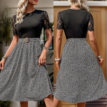 Fashion Crew Neck Lace Spliced Short Sleeve High-rise Printed Dress