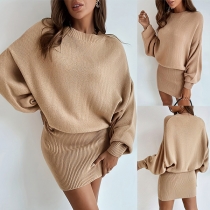 Fashion Crew neck Batwing Long Sleeve Ribbed Sweater Dress