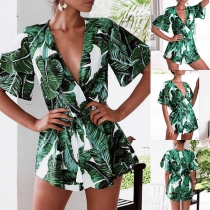 Bohemia Style Floral Printed V-neck Short Sleeve Romper