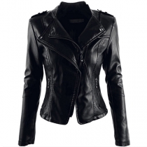 Fashion Lapel Slant Zipper Long Sleeve Artificial Leather PU Jacket